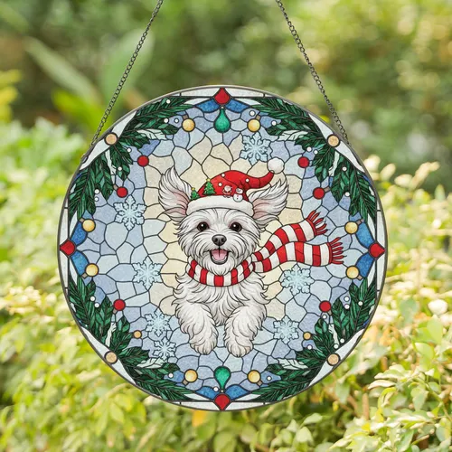 Maltese Dog Santa Hat Christmas Lights Winter Snowflakes - Christmas Dog Lover Gift Stained Glass Suncatcher