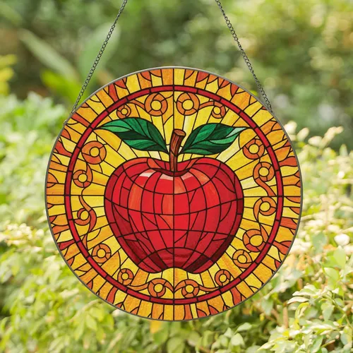 Red Apple Deep Green Leaves Openwork Framework Flowing Patterns Sunburst Home Decor Gift Stained Glass Suncatcher