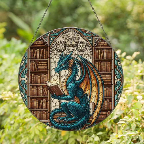 Teal Dragon Reading Book Gothic Library - Home Decor Gift for Book Lover Stained Glass Suncatcher