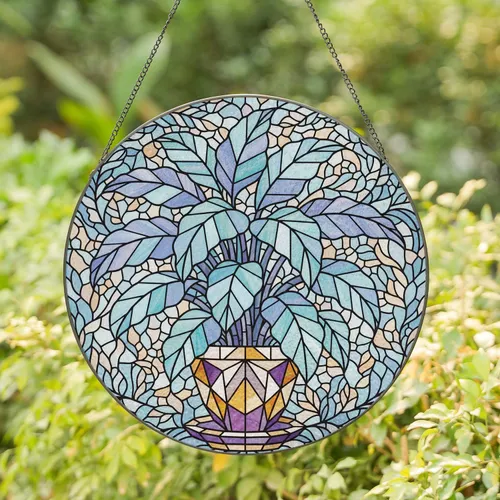 Houseplant Stained Glass Pot Botanical Lines - Home Decor Gift for Plant Lover Stained Glass Suncatcher