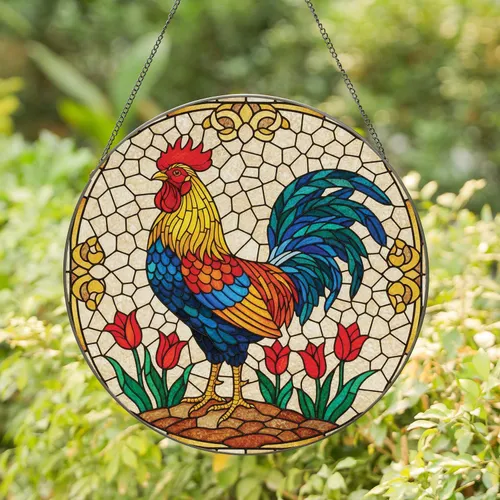 Majestic Rooster Tulip Flower Garden Farmhouse Home Decor Gift for Gardeners & Farmers Stained Glass Suncatcher