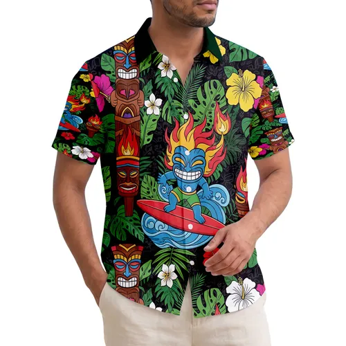 Surfing Tiki God Hawaiian Masks Totems Hibiscus Palm Leaves Tropical Lifestyle Gift Hawaiian Shirt