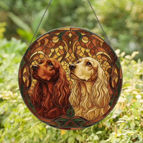 Two Cocker Spaniel Dog Portraits Amber Green Foliage Swirls - Home Decor Gift for Dog Lover Stained Glass Suncatcher