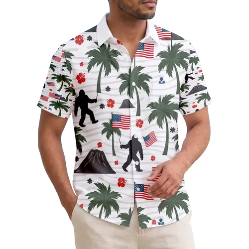 Bigfoot American Flag Palm Hibiscus - Independence Day Summer Vacation for Bigfoot Fans Hawaiian Shirt