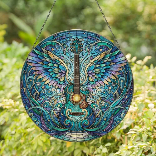 Winged Acoustic Guitar Organic Swirls - Home Decor Gift for Musicians and Music Lovers Stained Glass Suncatcher