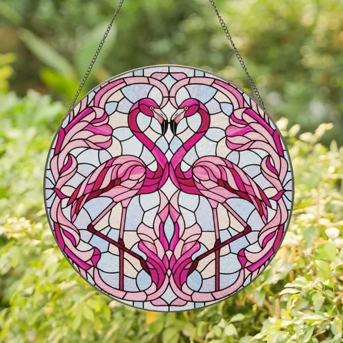 Pink Fuchsia Magenta Heart Shaped Flamingos - Home Decor Gift for Bird Watchers Stained Glass Suncatcher