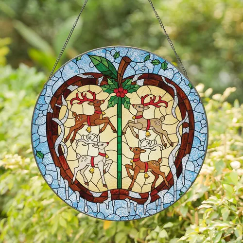 Apple Reindeer Holly Snowflakes Frosted Icicles Winter Foliage - Christmas Gift Stained Glass Suncatcher