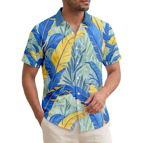 Broad Blue Yellow Tropical Palm Leaves - Island Getaway Essentials Hawaiian Shirt