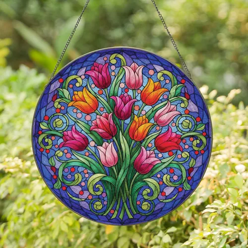 Tulip Bouquet Red Floral Green Leaves - Home Decor Gift for Garden Lover Stained Glass Suncatcher