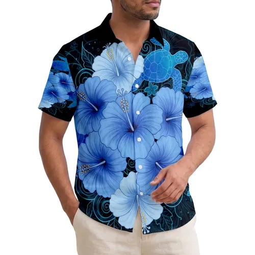 Lush Blue Hibiscus Flowers Sea Turtle - Tropical Decor Gift for Ocean Lovers Hawaiian Shirt