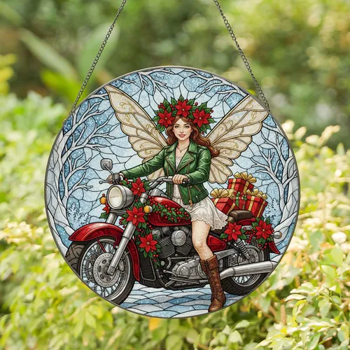 Fairy Biker Christmas Motorcycle Gifts Poinsettia - Winter Holiday Home Decor Stained Glass Suncatcher