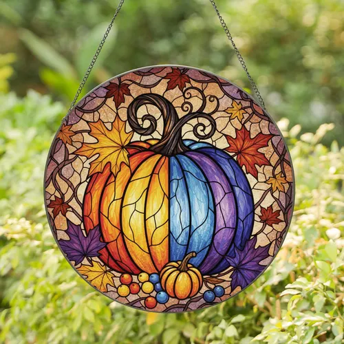 Stained Glass Pumpkin Autumn Leaves - Fall Harvest Home Decor Gift Stained Glass Suncatcher