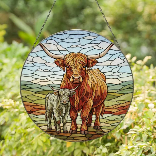 Highland Cow Mother Calf Rolling Hills - Farmhouse Home Decor Gift for Countryside Lover Stained Glass Suncatcher