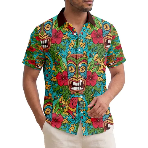 Tiki Masks Hibiscus Palm Fronds Tribal - Island Lifestyle Home Decor Gift Hawaiian Shirt