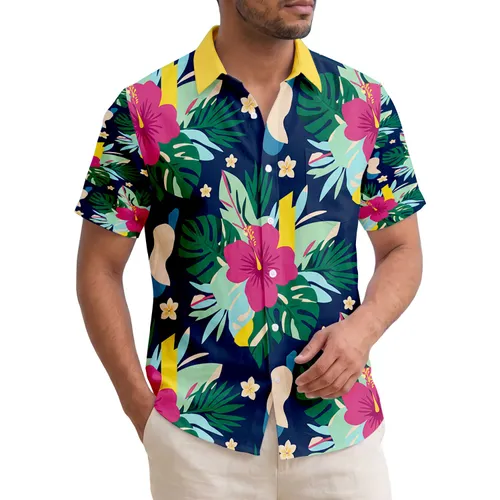 Pink Hibiscus Tropical Leaves Geometric Blocks - Travel Essentials Hawaiian Shirt