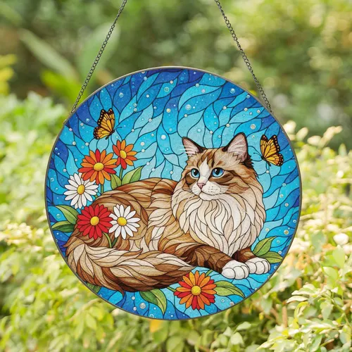 Ragdoll Cat Daisy Flowers Butterflies - Home Decor Gift for Cat Lover Stained Glass Suncatcher