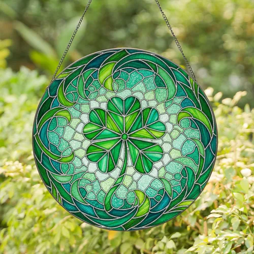 Four Leaf Clover Swirling Stylized Leaves Organic Mosaic - Everyday Home Decor Gift Stained Glass Suncatcher