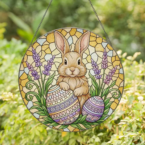 Light Brown Bunny Mosaic Easter Egg with Lavender - Easter Gift Stained Glass Suncatcher