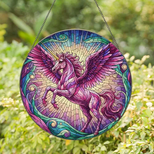 Majestic Winged Unicorn Golden Horn - Home Decor Gift for Unicorn Lover Stained Glass Suncatcher