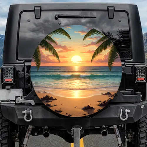 Tropical Beach Sunset Golden Ocean Horizon - Travel Essentials Road Trip Spare Tire Cover
