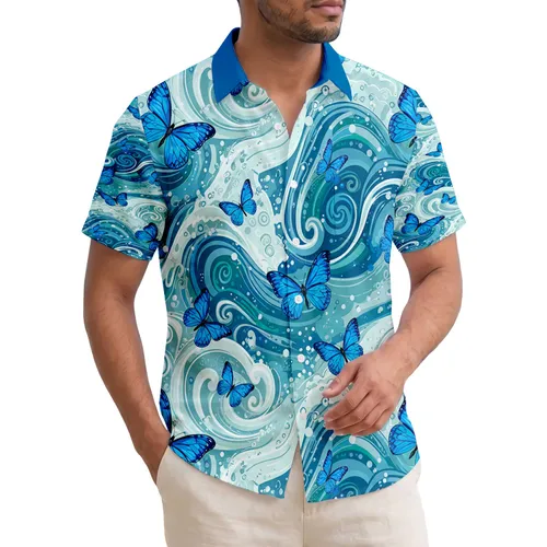 Cerulean Blue Butterflies Ocean Waves White Foam Tropical Lifestyle Butterfly Lover Gift Hawaiian Shirt