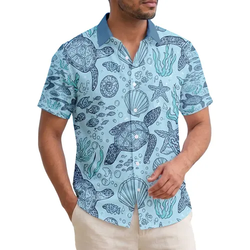 Sea Turtle Fish Seashell Starfish Underwater Scene - Tropical Home Decor Gift Hawaiian Shirt