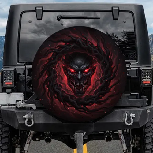 Demonic Monster Face Fangs Glowing Red Eyes - Halloween Party Gift for Horror Fans Spare Tire Cover