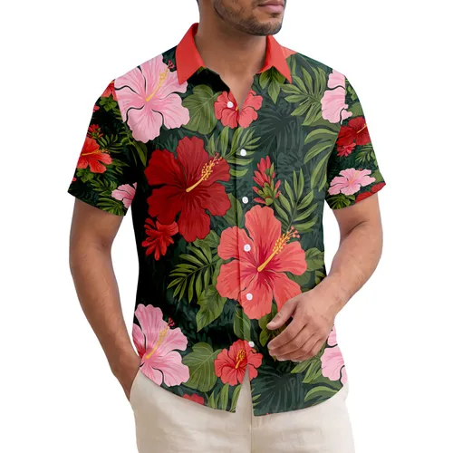 Fully Open Hibiscus Tropical Leaves Floral Bud Foliage - Botanical Lifestyle Gift Hawaiian Shirt