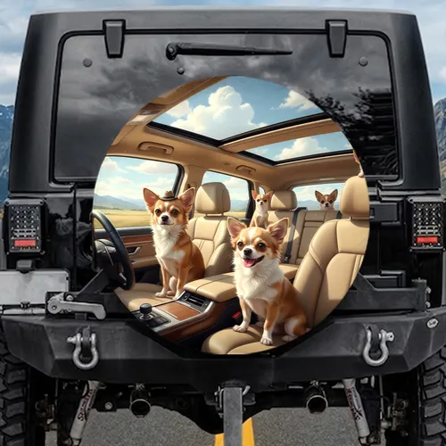 Chihuahua Dogs Road Trip Driving Luxury Car - Pet Lover Travel Gift Spare Tire Cover