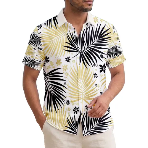 Tropical Palm Fronds with Elongated Leaflets Black Gold White - Home Decor Gift Hawaiian Shirt