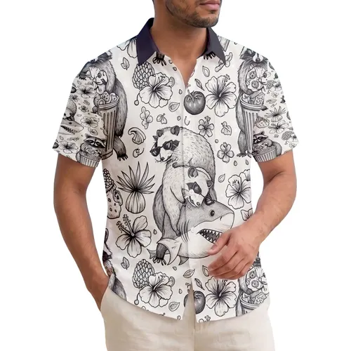 Raccoon Opossum Mice Shark Pizza Sunglasses Trash Can Tropical Food Hibiscus - Wildlife Lover Gift Hawaiian Shirt