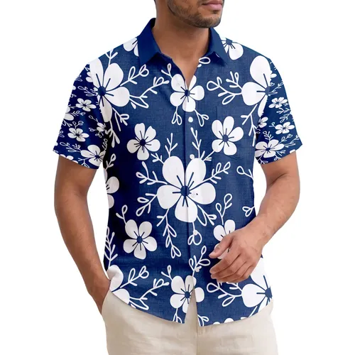 White Five Petal Flowers Tropical Blossoms Leaf Accents - Tropical Lifestyle Gift Hawaiian Shirt