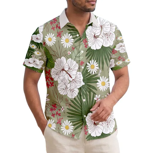 Tropical Flowers White Daisies Red Blossoms Green Leaves Foliage - Home Decor Gift Hawaiian Shirt