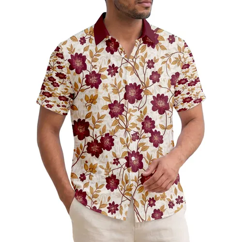 Hawaiian Floral Red Flowers Golden Leaves - Tropical Vacation Gift Hawaiian Shirt