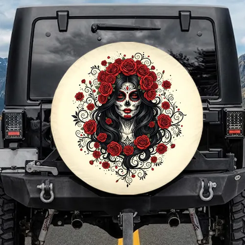Calavera Woman Sugar Skull Red Rose - Everyday Style Gift Spare Tire Cover