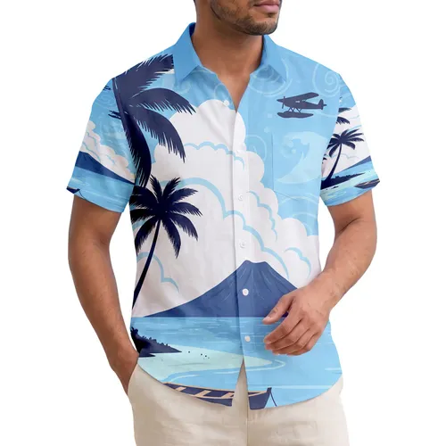Tropical Island Seascape Volcano Seaplane - Island Lover Travel Gift Hawaiian Shirt