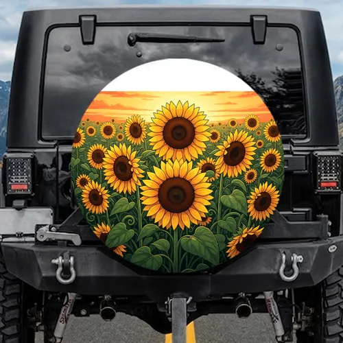 Dense Glowing Sunflowers Lush Foliage Strong Stems Sunset Field - Farmhouse Home Decor Gift Spare Tire Cover