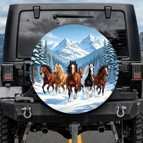 Six Wild Horses Snowy Mountain Forest - Wildlife Lover Gift Spare Tire Cover