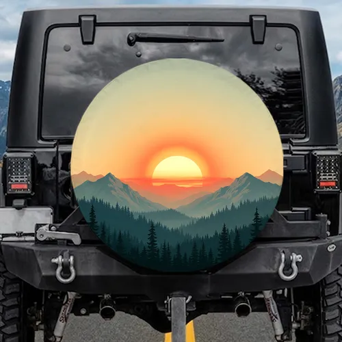 Setting Sun Pine Tree Mountain Landscape - Road Trip Essentials Spare Tire Cover