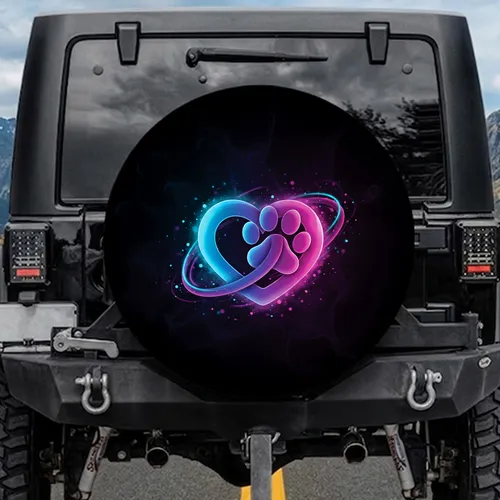 Intertwined Heart Paw Print Glowing Trails - Pet Lover Gift for Dog Mom and Cat Dad Spare Tire Cover