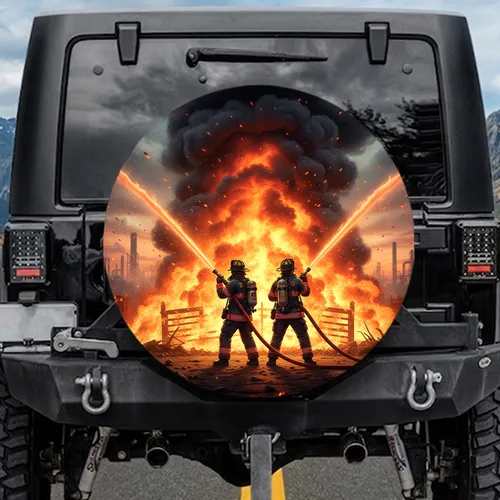 Firefighters Raging Wildfire Smoke Inferno - Travel Essentials Gift for First Responders Spare Tire Cover