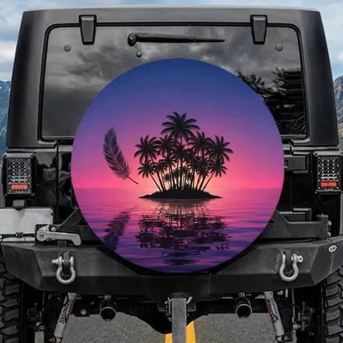 Silhouetted Tropical Palm Trees Ocean Sunset - Coastal Living Gift for Ocean Lover Spare Tire Cover