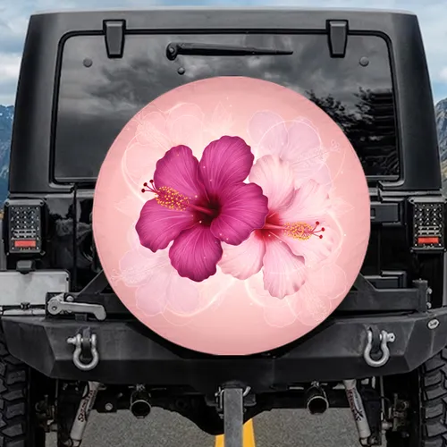 Deep Magenta Pastel Pink Hibiscus Flowers - Tropical Vehicle Decor Gift Spare Tire Cover