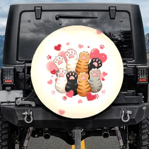 Diverse Cat Paws Hearts Sparkle Accents - Pet Lover Gift for Cat Owners Spare Tire Cover