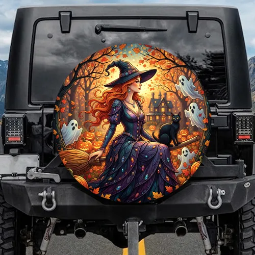 Witch Black Cat Broomstick Jack-o'-lanterns Halloween Decor Gift Spare Tire Cover