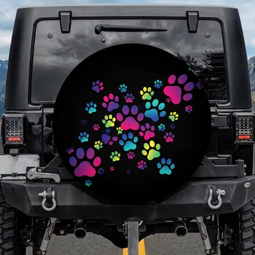 Overlapping Rainbow Paw Prints Black Background - Pet Lover Gift Spare Tire Cover