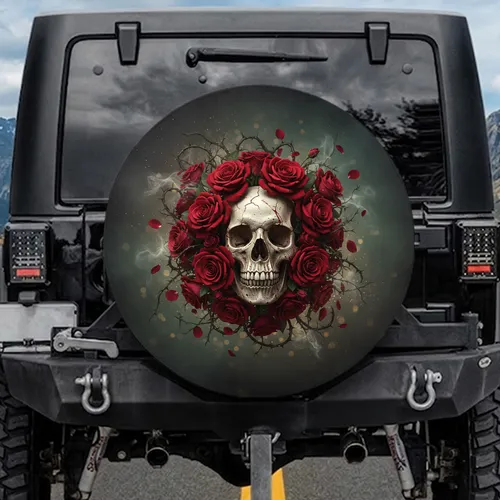 Cracked Skull Crimson Roses Thorny Branches - Gothic Romance Decor Gift Spare Tire Cover