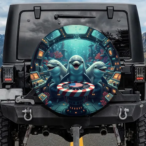 Dolphins American Flag Control Underwater - Patriotic Travel Spare Tire Cover
