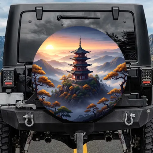 East Asian Pagoda Forested Mountain Twilight Sky Sun Landscape - Home Decor Gift Spare Tire Cover