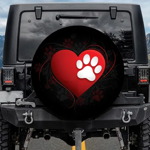 Vibrant Red Heart White Paw Print Swirls - Pet Lover Vehicle Decor Gift Spare Tire Cover